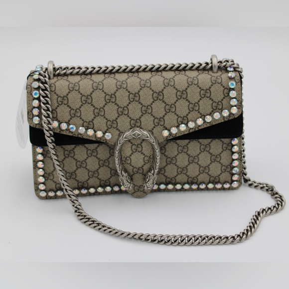 Gucci Beige and Black Monogram Crystal Dionysus Small Shoulder Bag - Picture 12 of 17